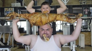 'Funny fat man eating and exercising in the gym'